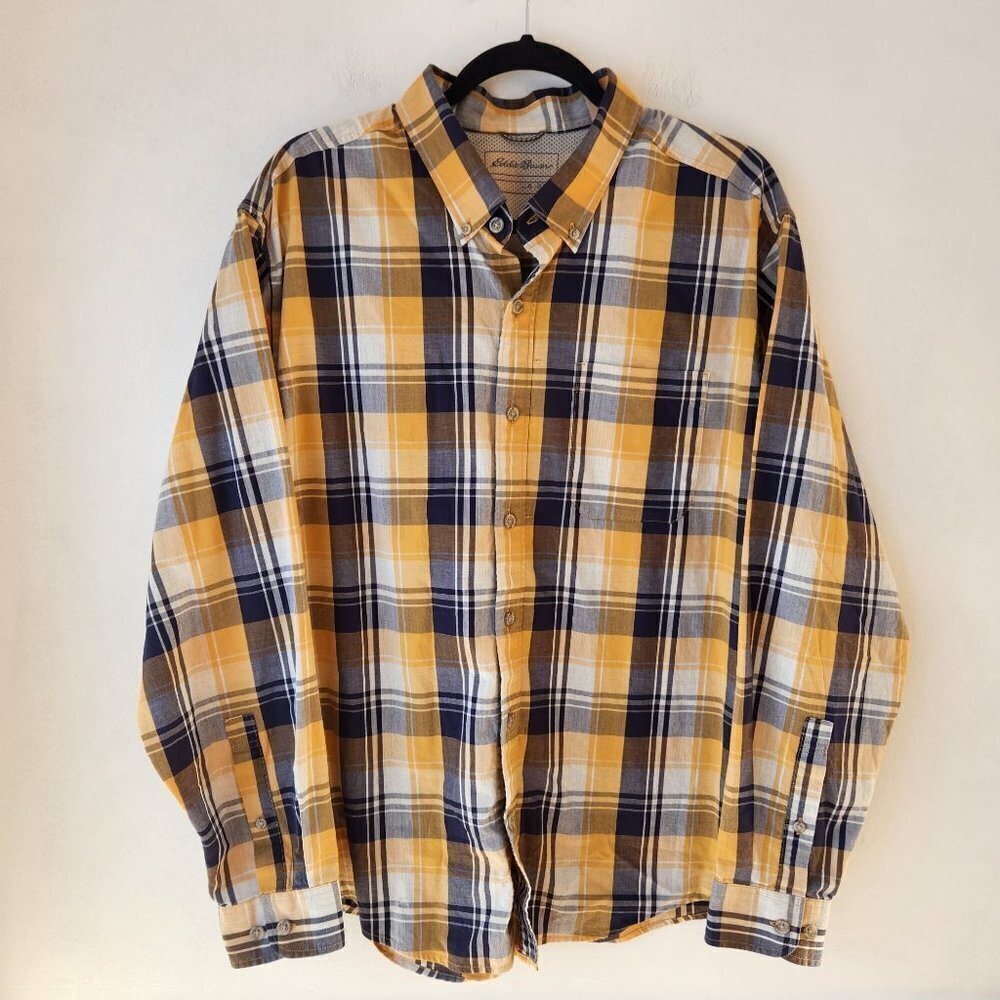 $10 SALE Eddie Bauer Classic Fit Yellow Black Plaid Casual Button Down Shirt XL